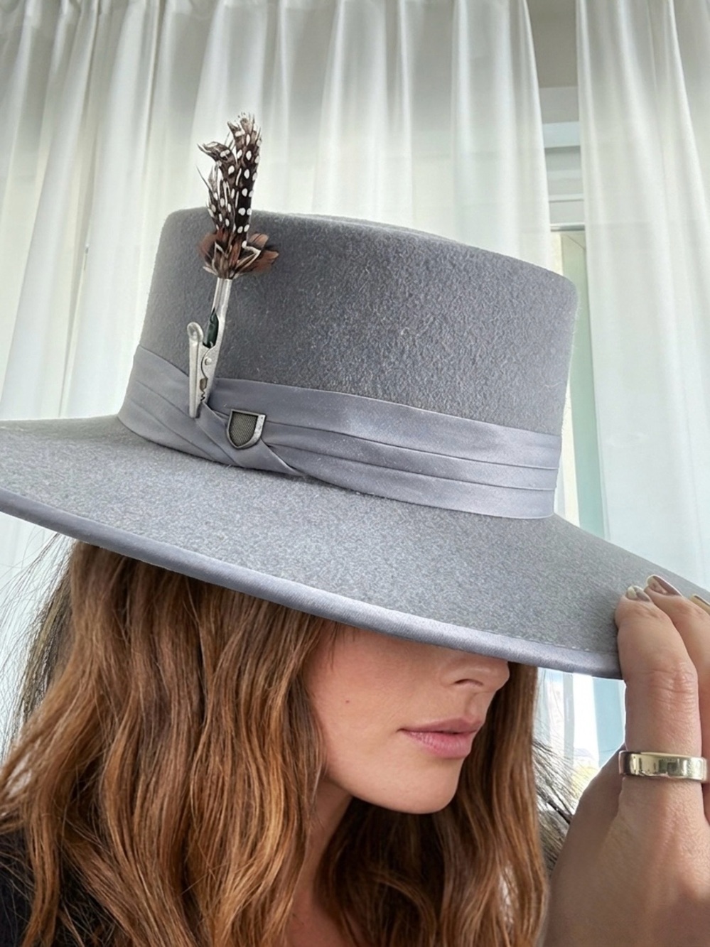 Brixton Women's Wide-Brim Felt Fedora in Light Gray with Feather Accent